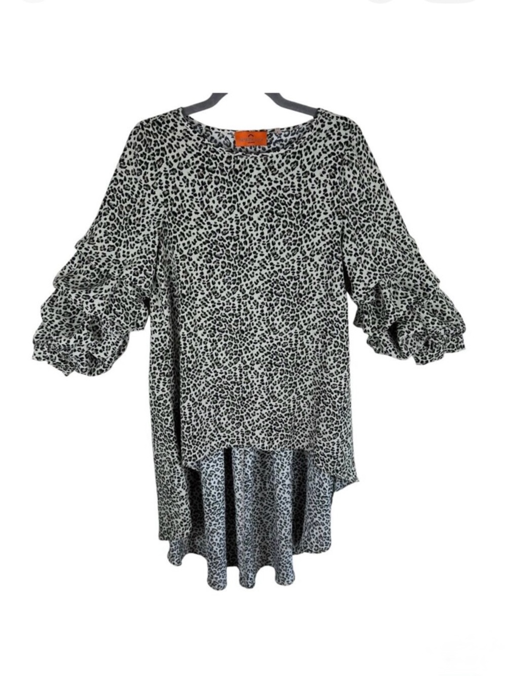Patrizia Luca Leopard Animal‎ Print Puff Sleeve High Low Tunic Blouse Size XS